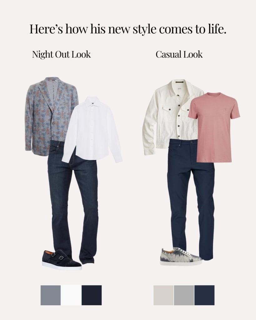 Two men’s outfits are displayed: one for a night out with a blazer, white shirt, dark jeans, and dress shoes; another for casual wear with a white jacket, pink t-shirt, dark pants, and sneakers.